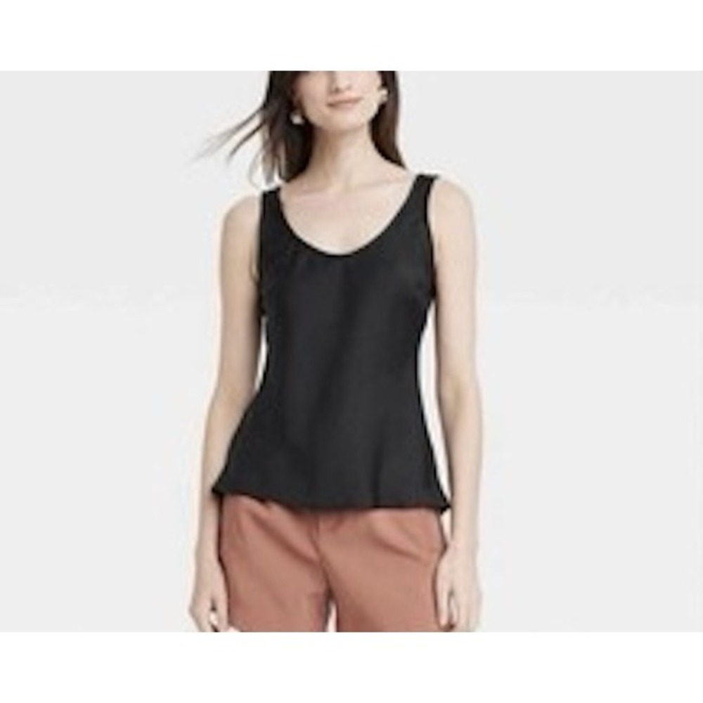 A New Day Women's Woven Shell Tank Top Black Large NWT Satin Scoop Neck